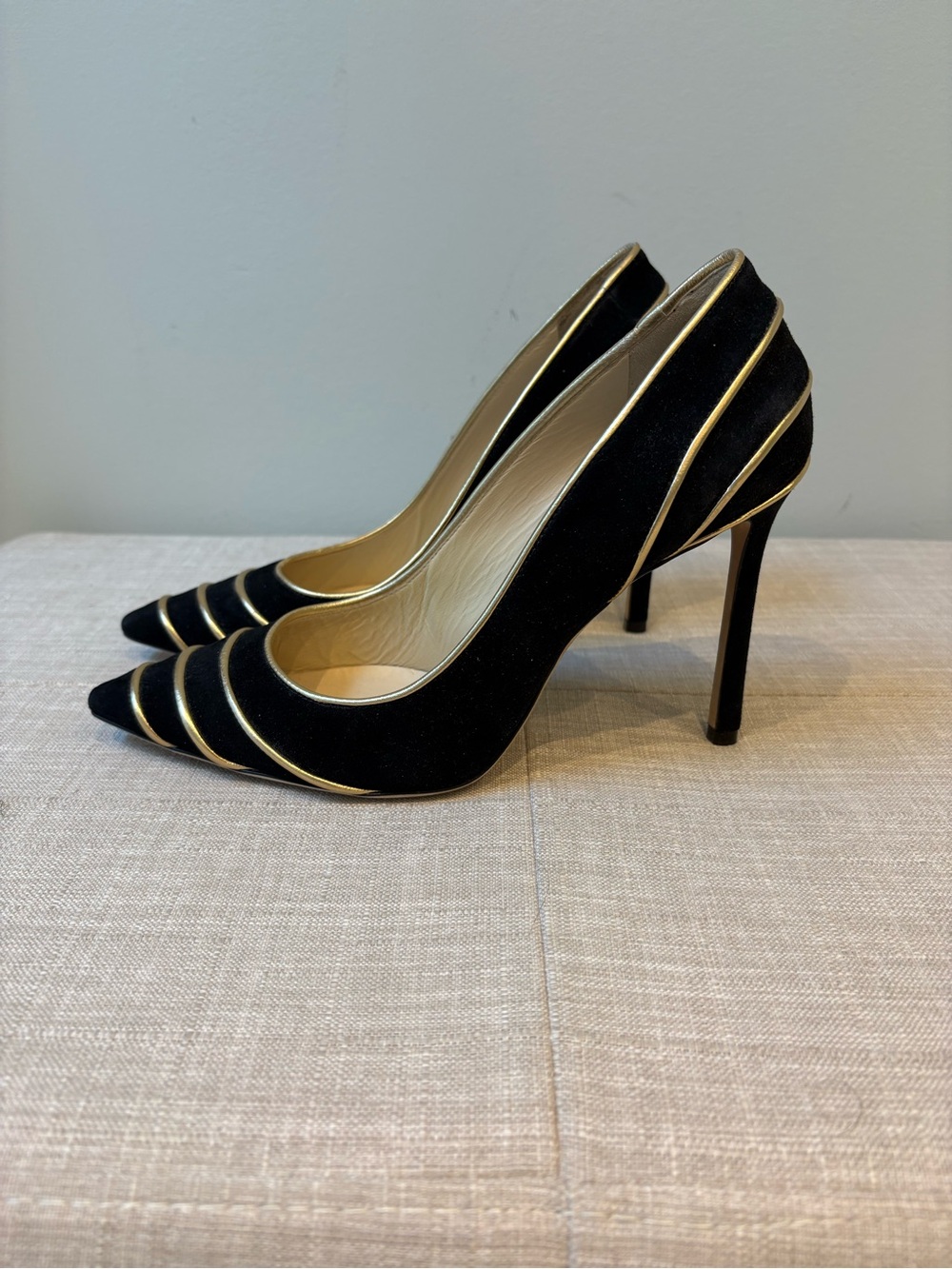 Jimmy Choo Black Suede Pointed Toe High Heels with Gold Trim
